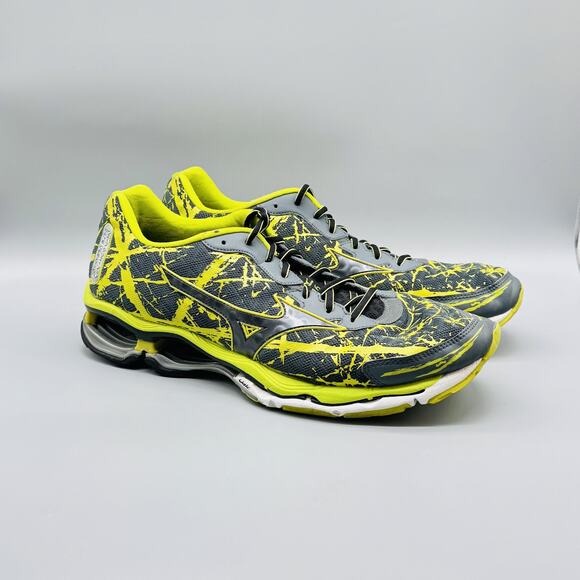 Mizuno Shoes Mens 14 Gray Yellow Paint Splatter Wave Creation 16 Running Sneaker - Picture 2 of 12